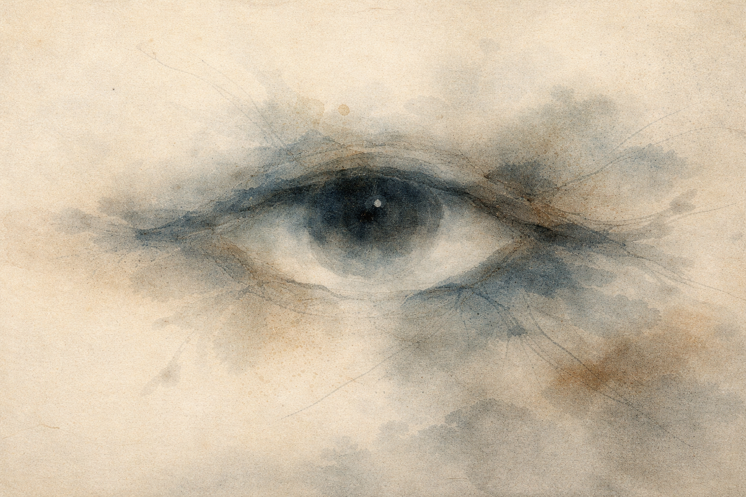 A single eye emerging from soft mist in an ink-style composition, symbolizing self-consciousness and the fear of others’ judgments in Buddhist reflection