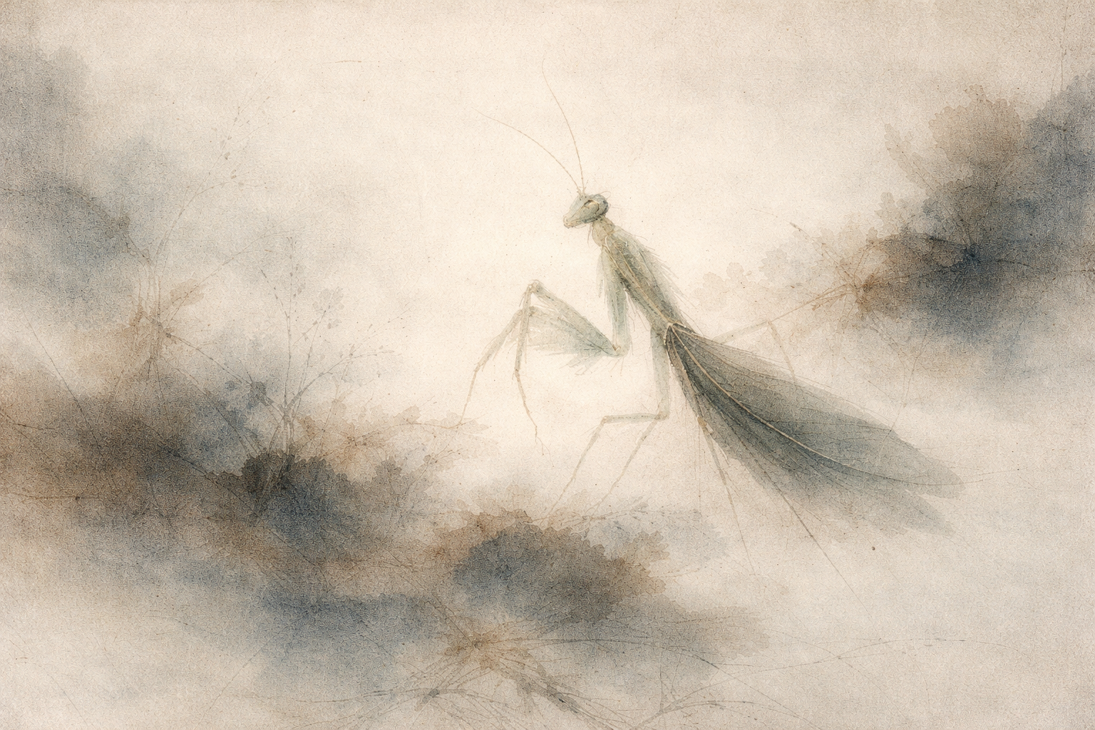 A delicate praying mantis emerging from soft mist in an ink-style composition, symbolizing alertness and the mind’s instinctive defensiveness in Buddhist reflection
