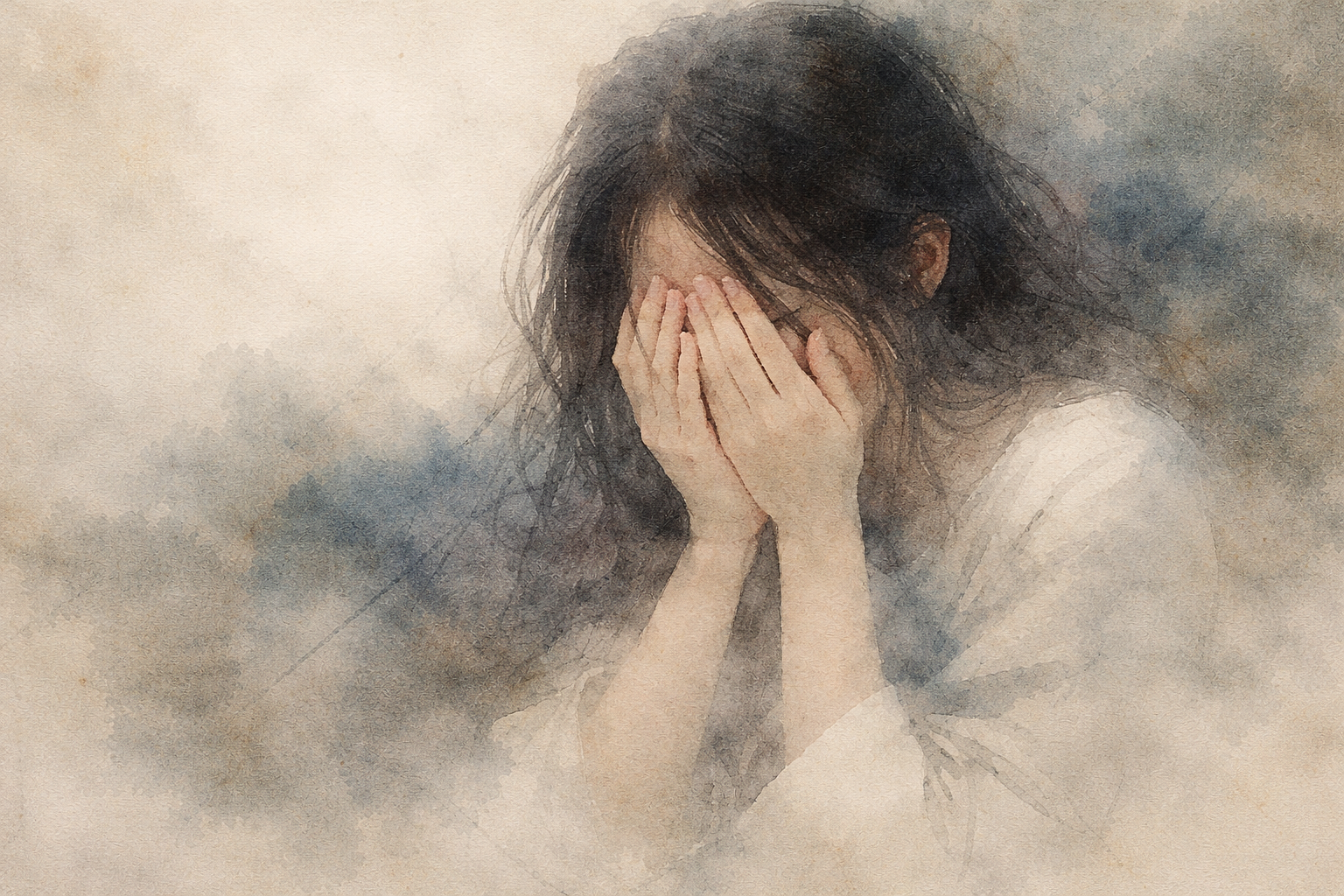 A solitary figure covering their face in a soft, muted haze, symbolizing the emotional weight of disappointment, reflecting the Buddhist insight that suffering often arises when reality does not match our expectations or attachments.