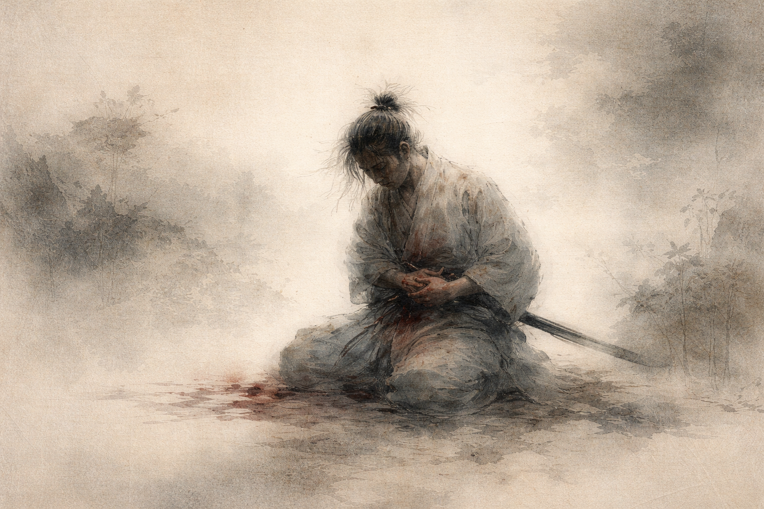 A solitary figure kneeling with visible distress, clutching the abdomen in a misty landscape, symbolizing the sharp emotional intensity of embarrassment, reflecting the Buddhist insight that shame often arises from attachment to self-image and fear of judgment.