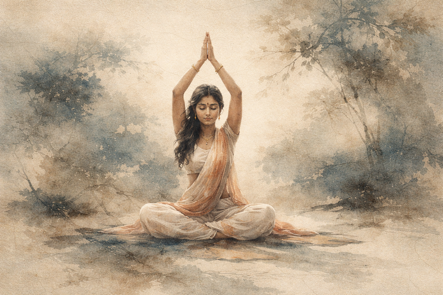Woman meditating with hands raised in a serene ink-style landscape, symbolizing inner emptiness, awareness, and the search for deeper meaning in Buddhist thought