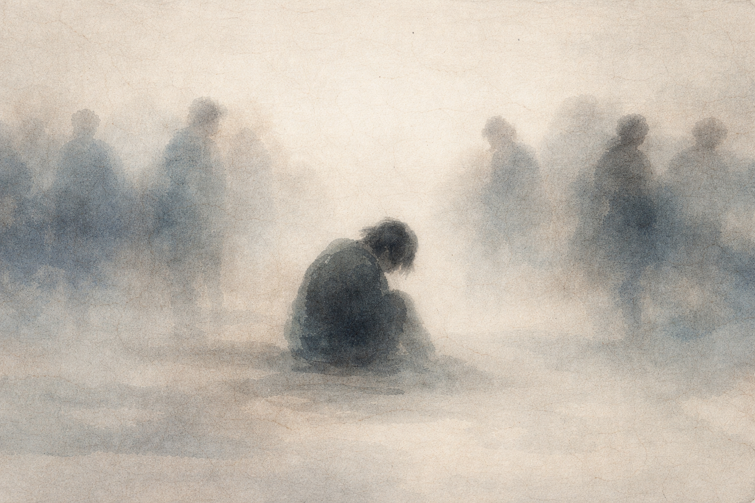 霧に包まれた水墨画風の風景の中、遠くの人影に囲まれて一人座る人物。意見の不一致によって生じる傷つきや孤独感を仏教的に象徴している