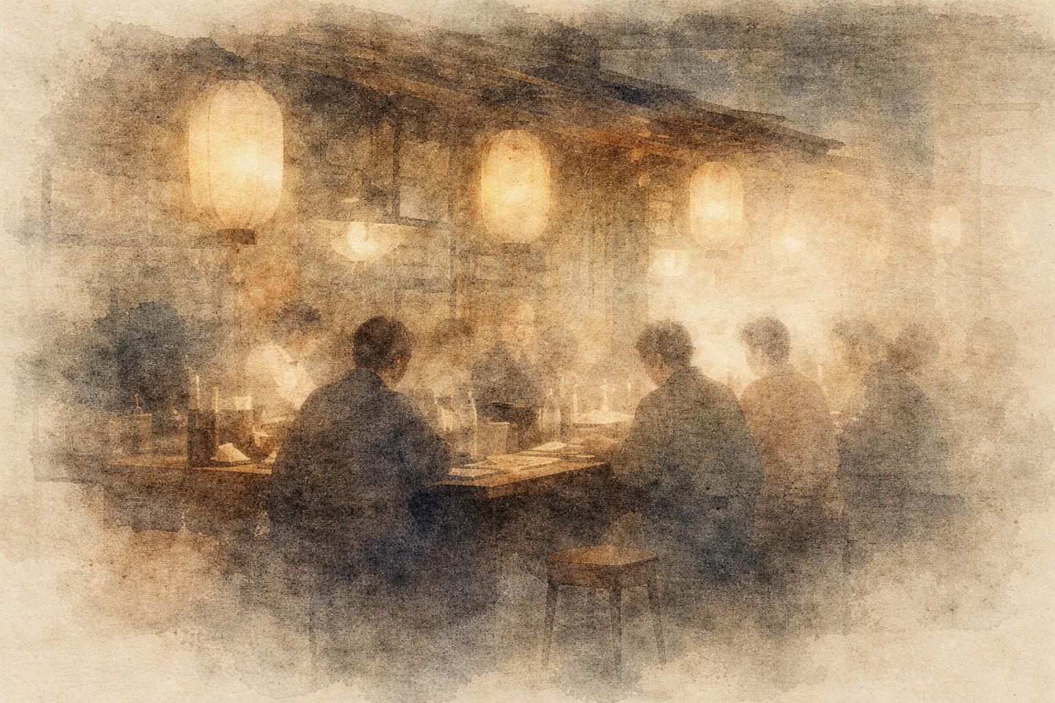 People gathered at a softly lit table in a misty ink-style setting, symbolizing social perception, self-consciousness, and the feeling of being judged in Buddhist reflection