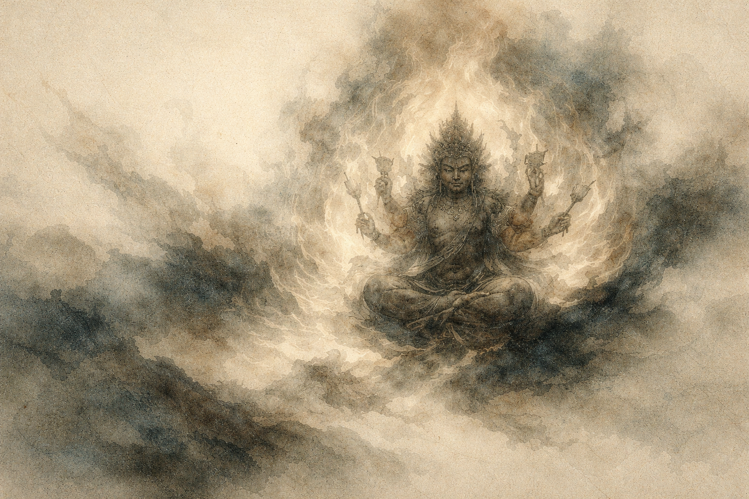 A multi-armed Buddhist deity seated in meditation within swirling mist and subtle flames, symbolizing the enduring weight of regret and the transformative potential of awareness in Buddhist teaching