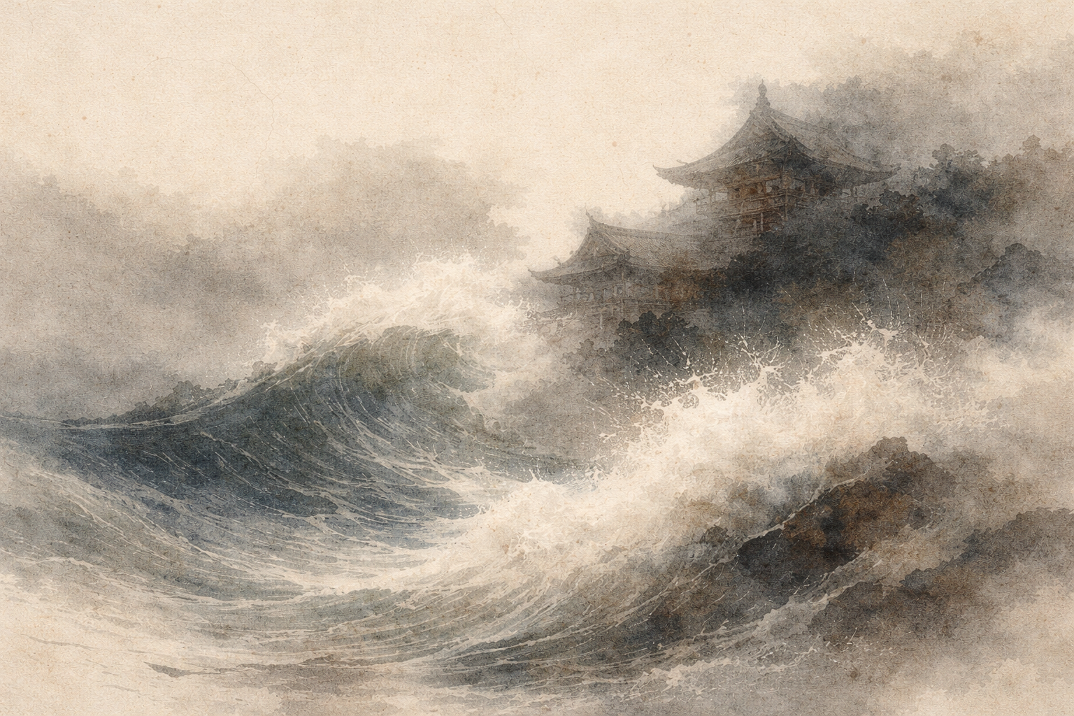 Turbulent waves crashing near a distant temple in an ink-style landscape, symbolizing inner restlessness and the search for stability in Buddhist reflection
