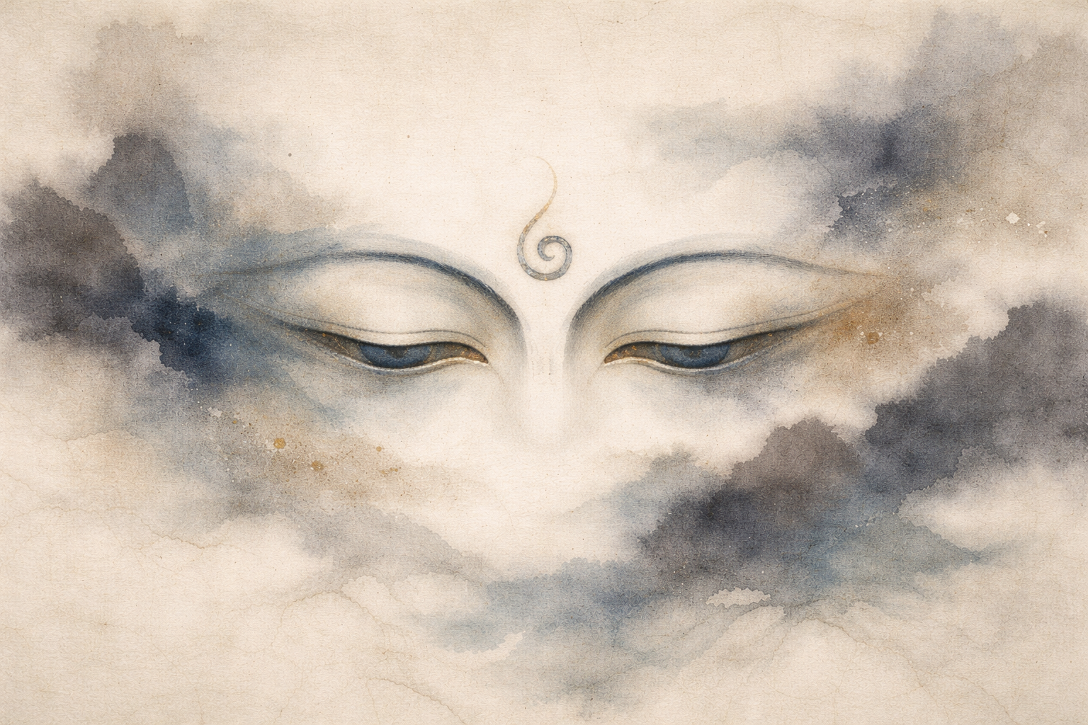 Serene Buddha eyes emerging through soft mist in an ink-style composition, symbolizing how the mind magnifies small concerns into stress in Buddhist teaching