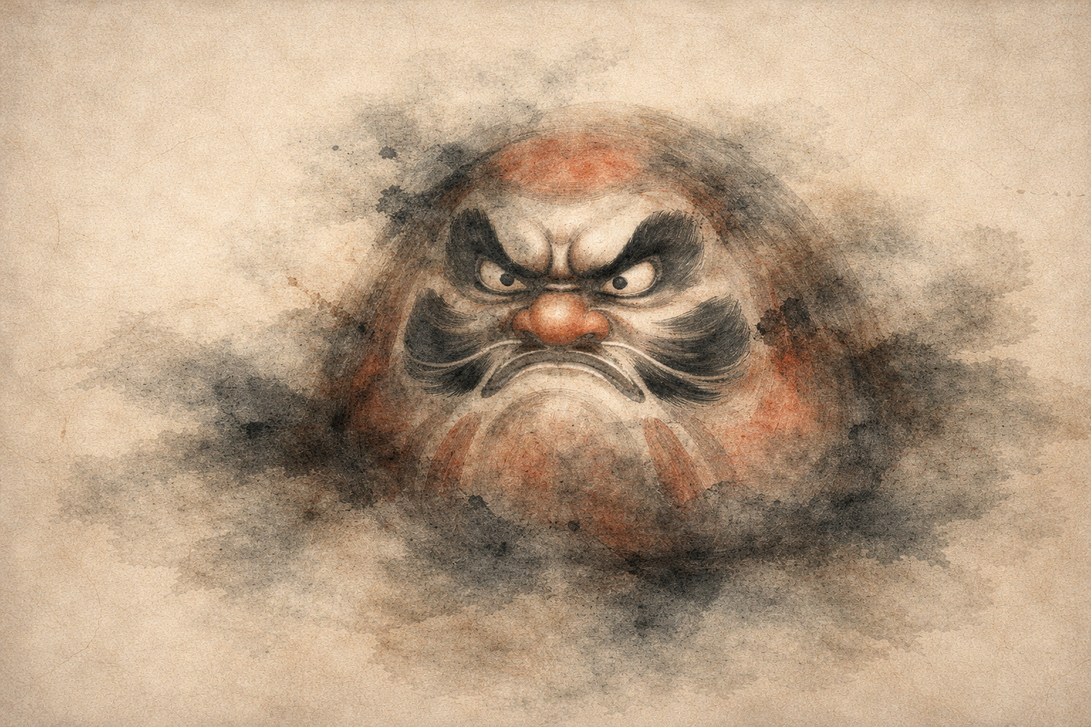 Daruma doll emerging from mist in an ink-style composition, symbolizing anger, resilience, and the struggle for inner balance in Buddhist teaching