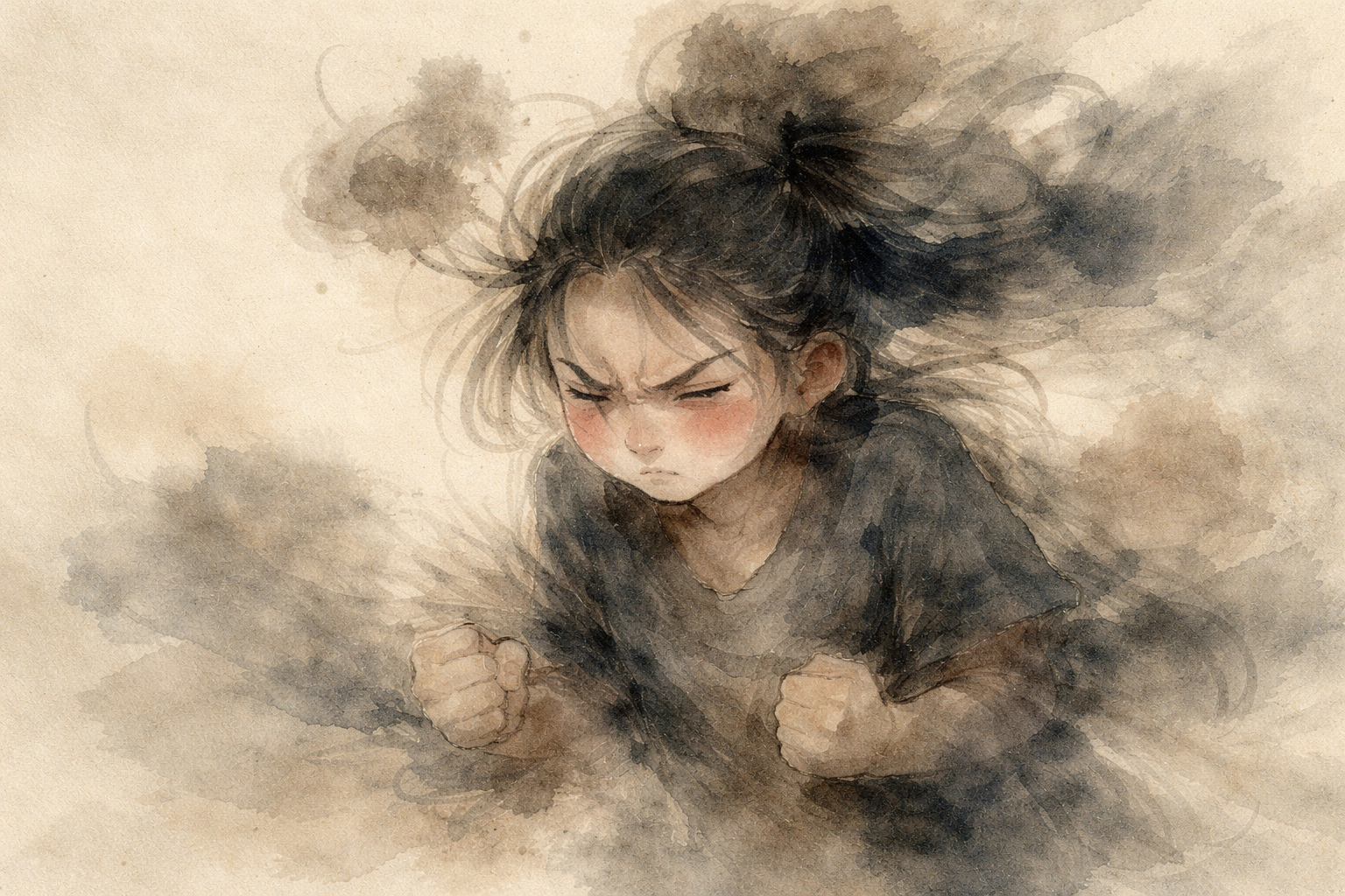 Person clenching fists in an expressive ink-style illustration, symbolizing the tension of holding onto anger and the inner struggle described in Buddhist thought