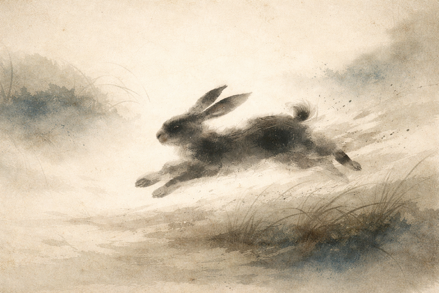 Running rabbit in a soft ink-style landscape, symbolizing the restless pursuit of happiness and the fleeting nature of desire in Buddhist philosophy