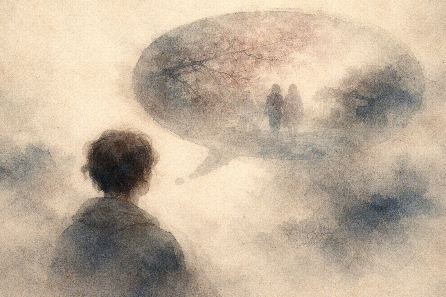 A solitary figure gazes into a misty thought bubble showing two people walking together, symbolizing the mind’s tendency to replay past memories, reflecting the Buddhist insight that attachment to past experiences can prolong emotional suffering.