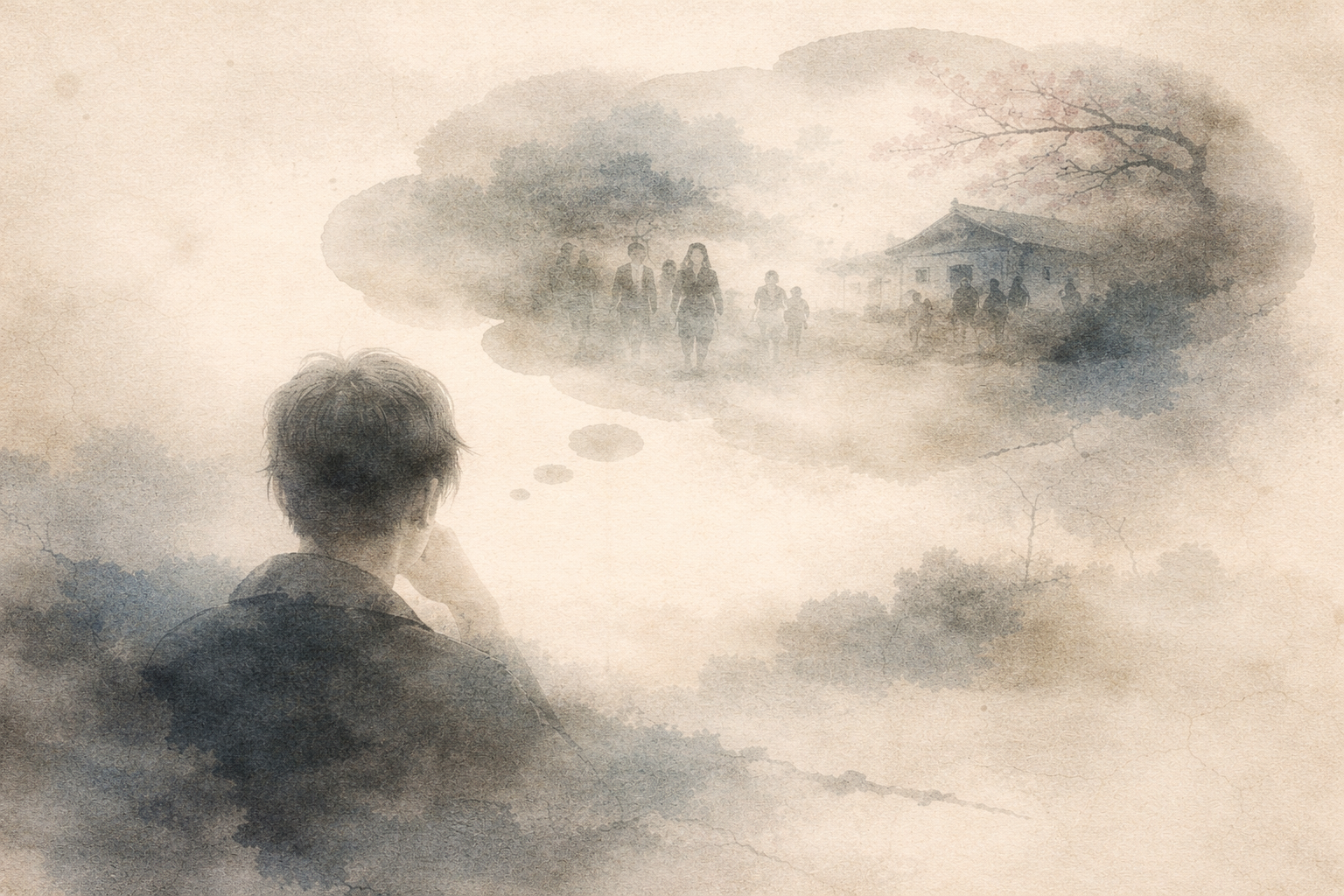 Person contemplating imagined scenes of people and a house in a soft ink-style illustration, symbolizing attachment, longing, and the endless desire for more in Buddhist thought
