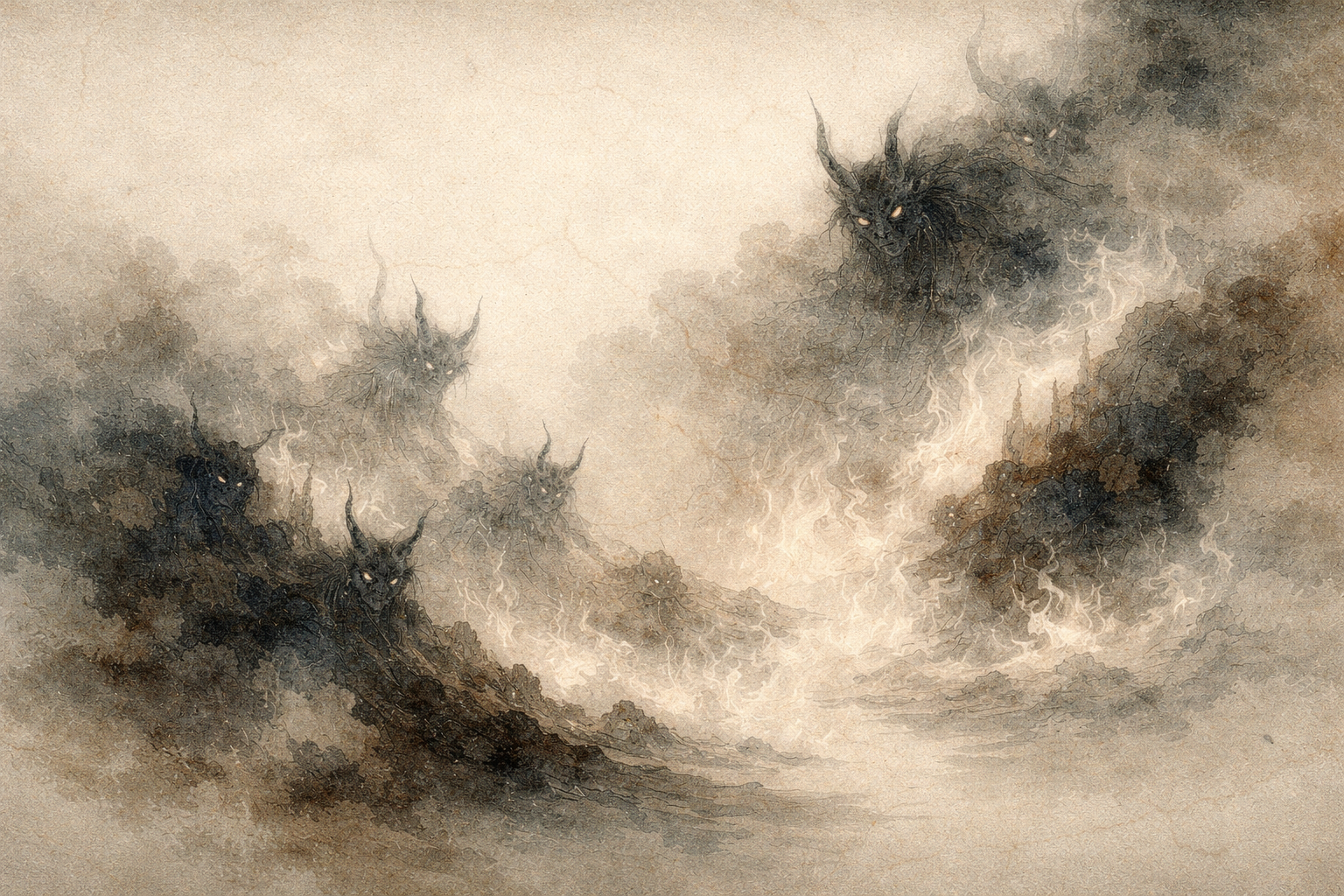 Dark, swirling shadow-like figures emerging from mist, symbolizing how repetitive thoughts can multiply and intensify, reflecting the Buddhist view that overthinking arises when the mind becomes entangled in its own creations.