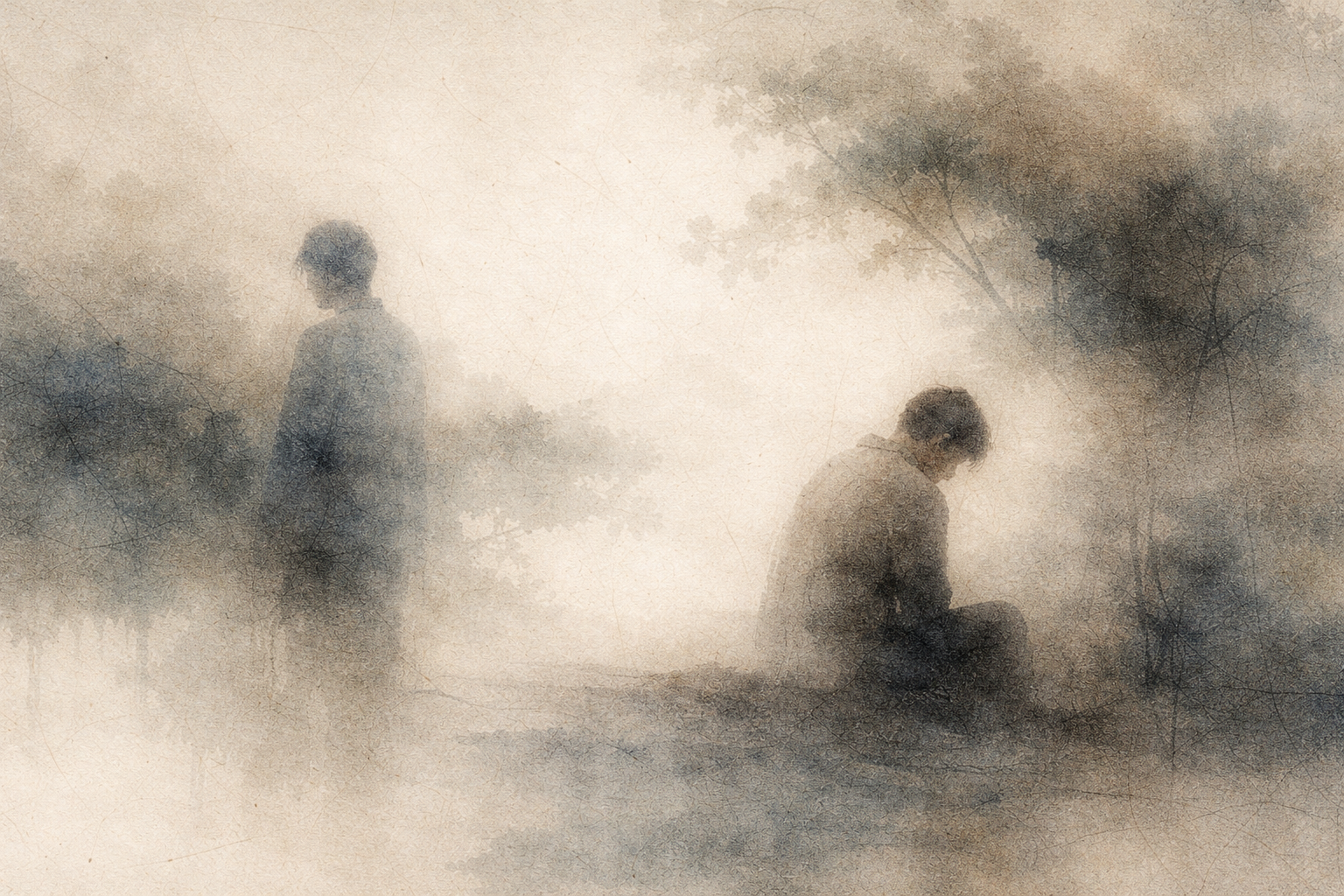 Two distant figures in a misty ink-style landscape, one turned away and the other sitting in contemplation, symbolizing impulsive reaction and reflective awareness in Buddhist understanding