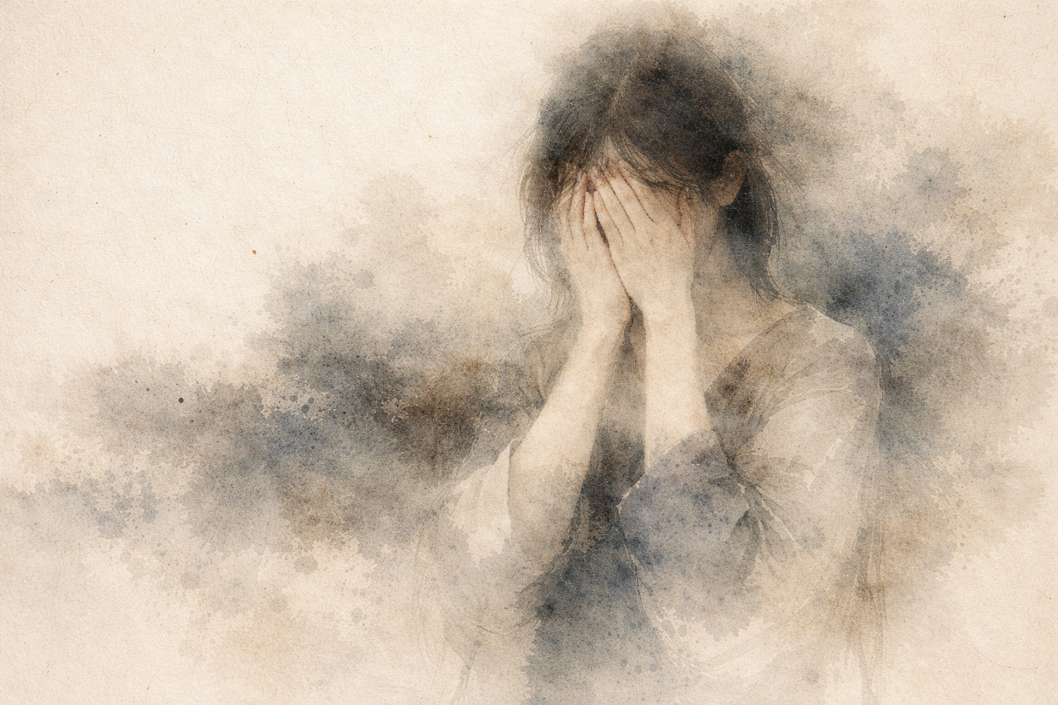 A solitary figure covering their face in a soft haze, symbolizing emotional vulnerability and the longing for reassurance, reflecting the Buddhist insight that the need for validation often arises from attachment to identity and fear of not being enough.