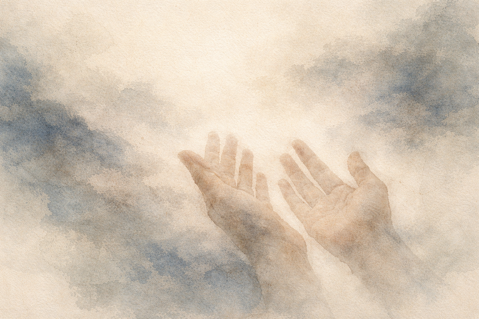 Open hands reaching gently upward in a soft ink-style atmosphere, symbolizing self-acceptance, vulnerability, and compassion in Buddhist reflection