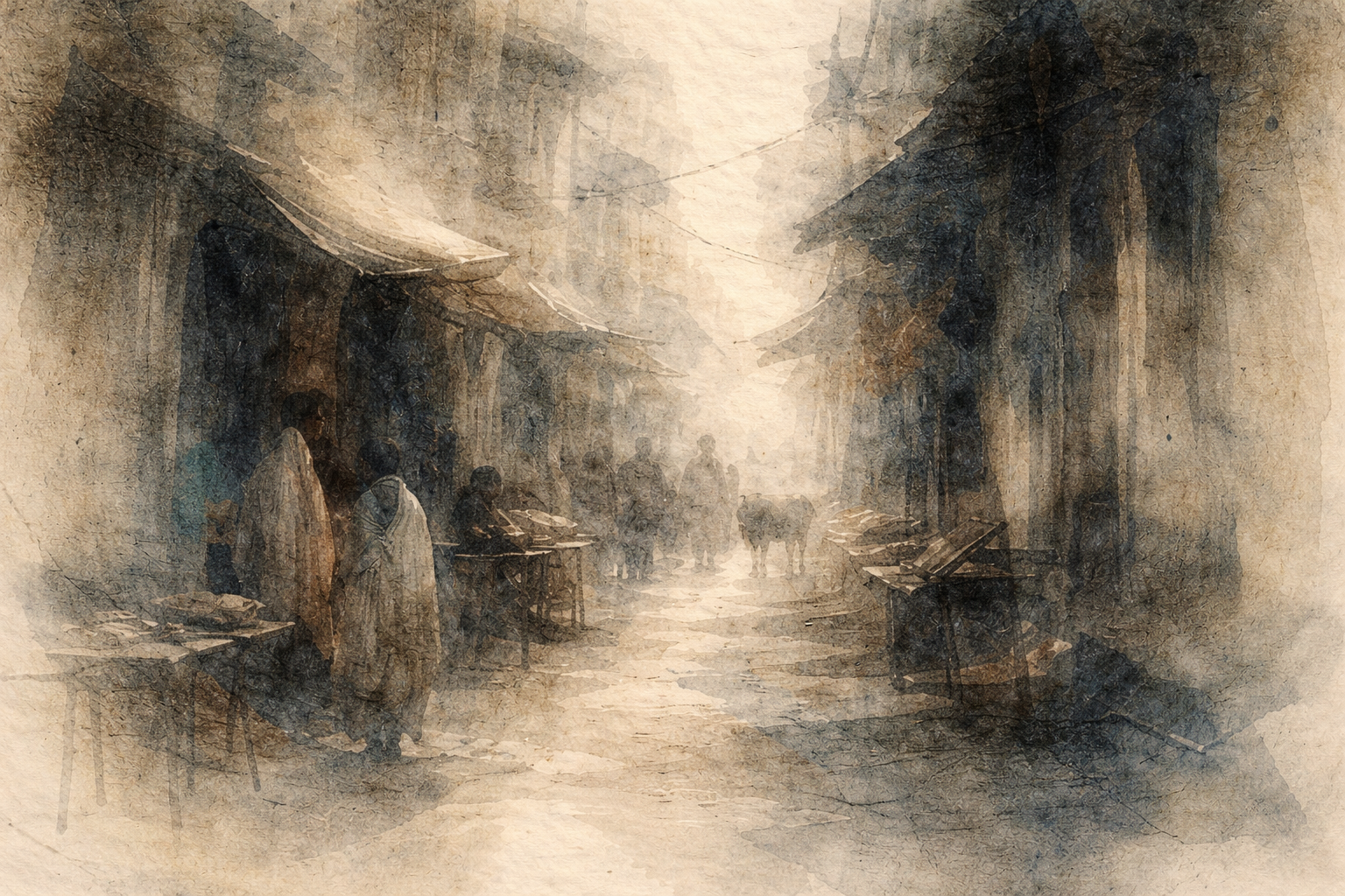 A quiet old town street in a soft ink-style illustration, with figures walking through mist, symbolizing the human difficulty of accepting reality in Buddhist reflection