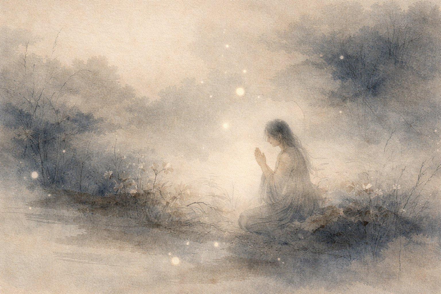 Person kneeling in quiet prayer within a soft ink-style landscape, symbolizing forgiveness, compassion, and the inner process of releasing resentment in Buddhist thought