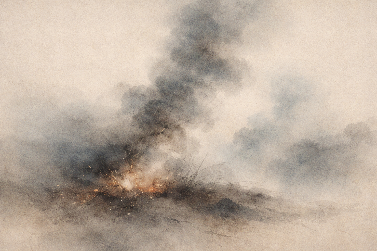 A small fire smoldering beneath drifting smoke, symbolizing how minor events can ignite strong emotional reactions, reflecting the Buddhist view that personal hurt often arises from attachment to a fixed sense of self.