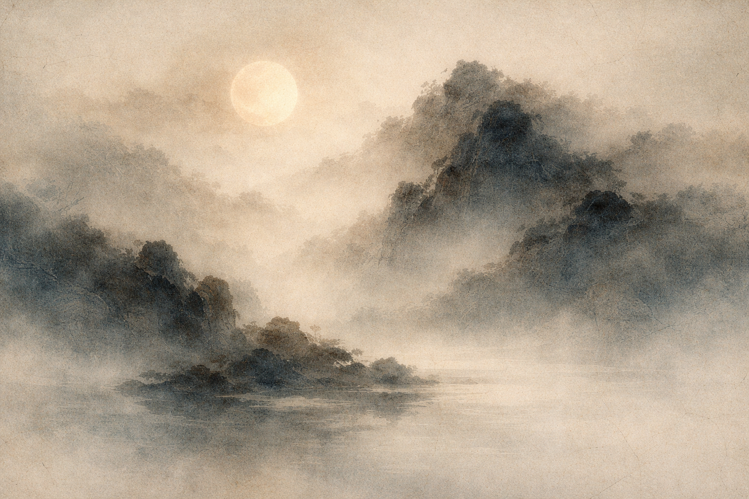 A tranquil landscape of mist-covered mountains reflected in still water beneath a soft sun, symbolizing the human desire to control life’s unfolding, reflecting the Buddhist teaching that peace arises when we release attachment to how things “should” be.
