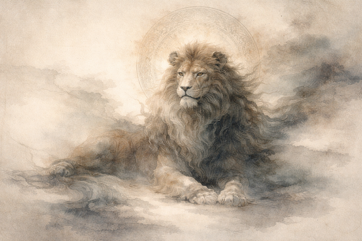 Majestic lion resting in a misty ink-style landscape, symbolizing pride, ego, and the desire to be right in Buddhist reflection
