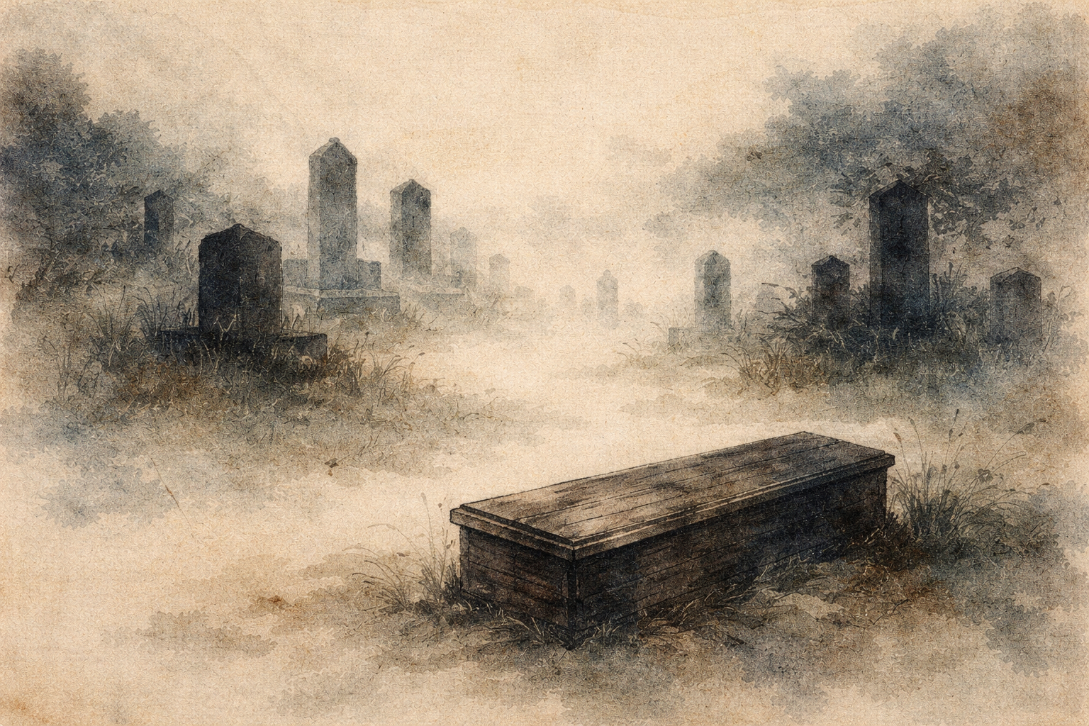 Misty graveyard with a simple wooden coffin in an ink-style landscape, symbolizing uncertainty about the future and contemplation of impermanence in Buddhist thought