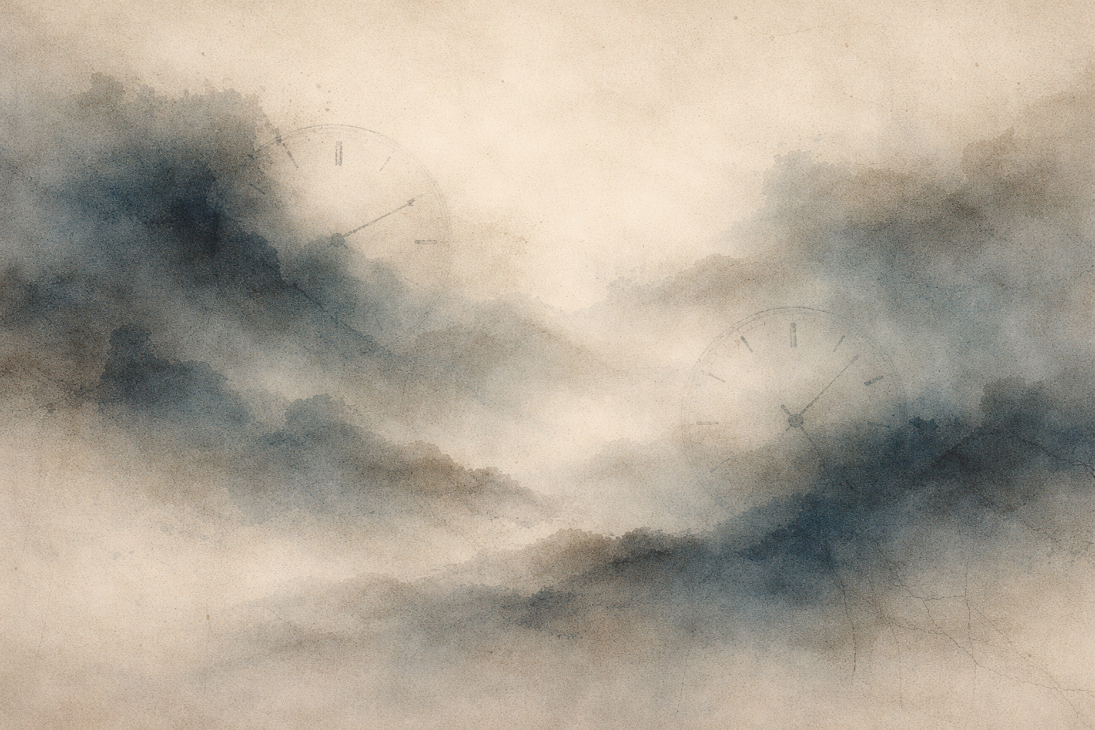Faint clock faces emerging through drifting ink-style clouds, symbolizing the uneasy awareness of time and the discomfort of boredom in Buddhist reflection