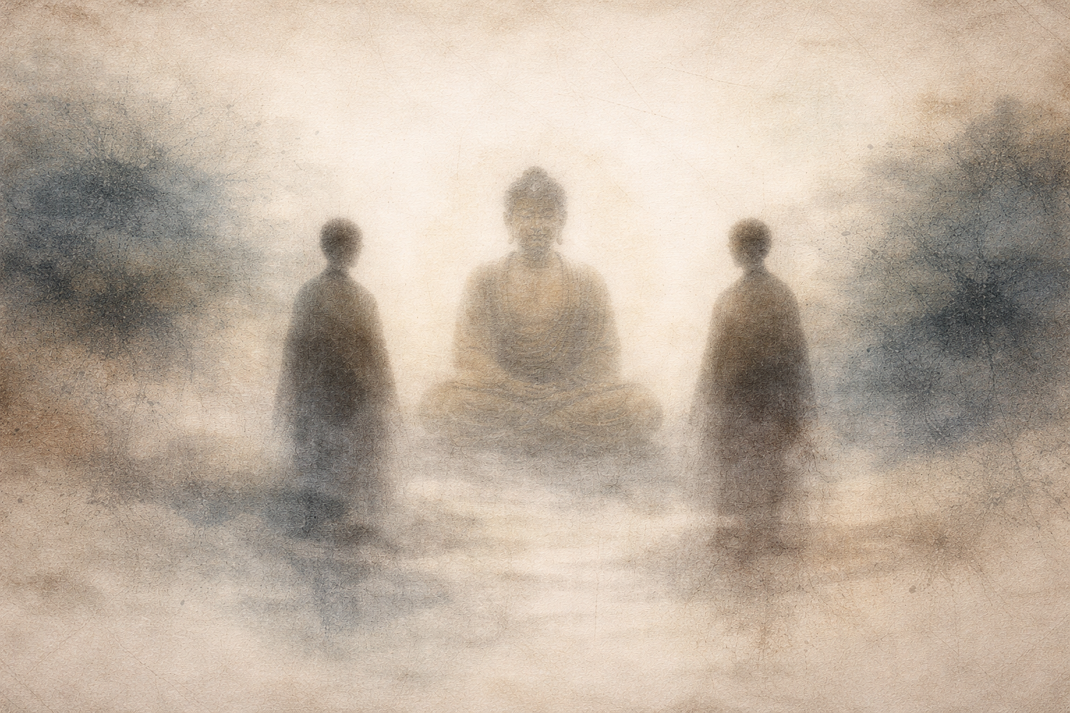 Two faint human figures standing before a serene Buddha in soft mist, symbolizing the emotional pain of criticism and the Buddhist insight that suffering often arises when the sense of self feels threatened or defended.