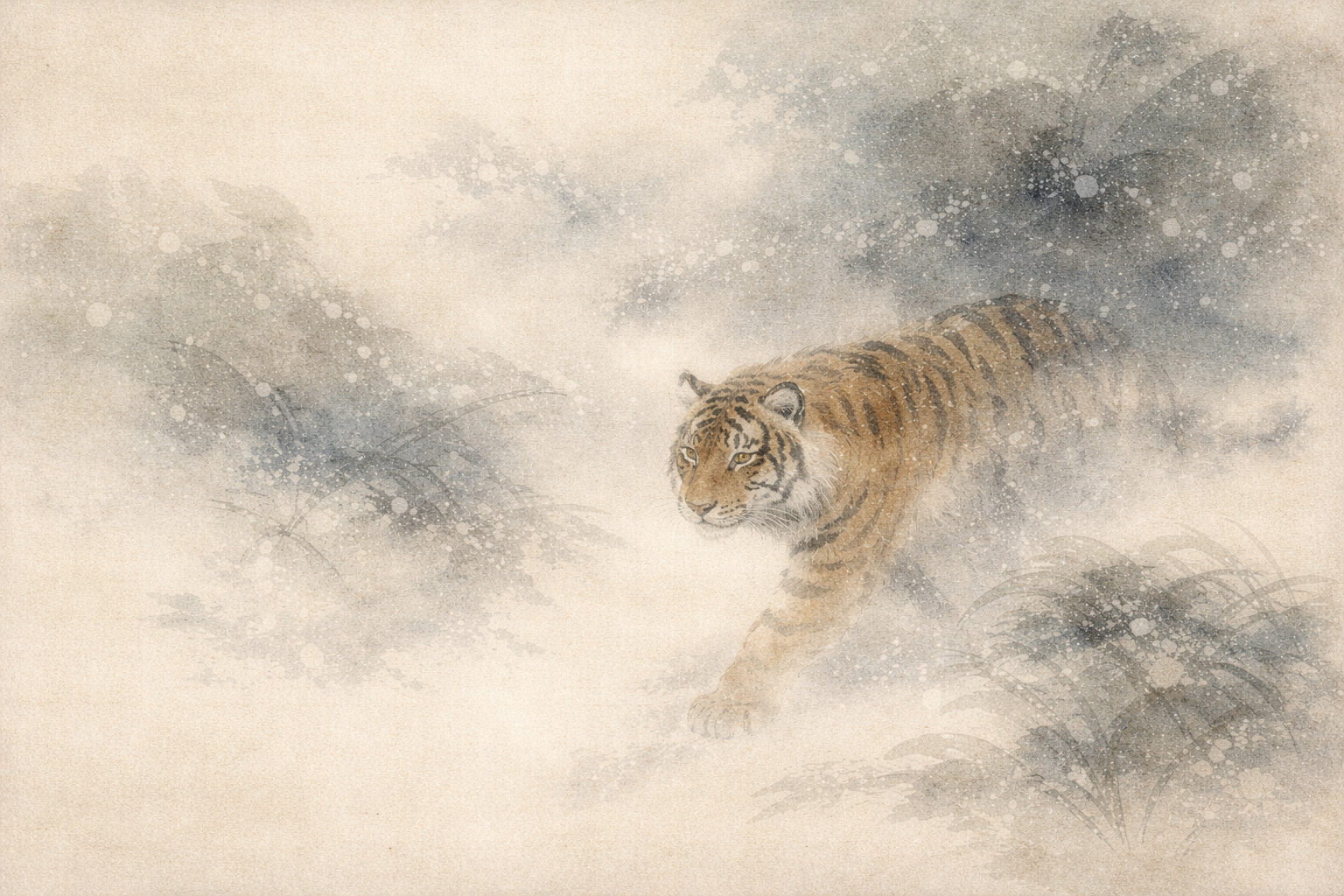 Tiger walking through mist in a traditional ink-style landscape, symbolizing restless desire and the search for inner peace in Buddhist thought