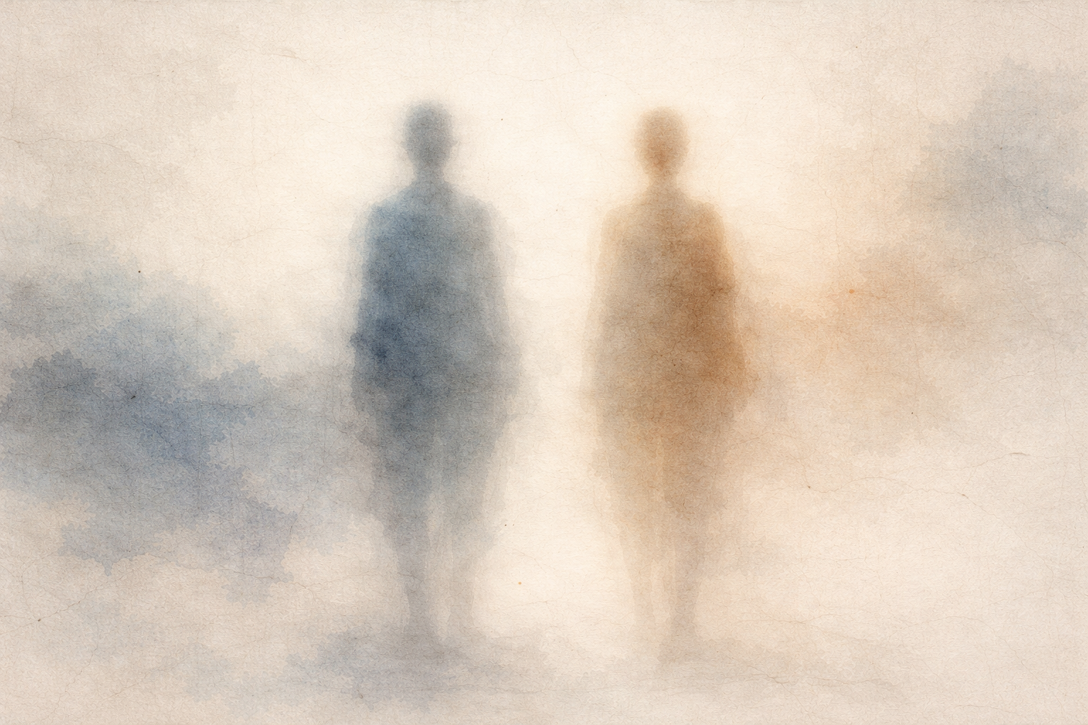 淡い水墨調で描かれた2つの人影。仏教における幸福の無常さと、感情が移ろいゆく性質を象徴している