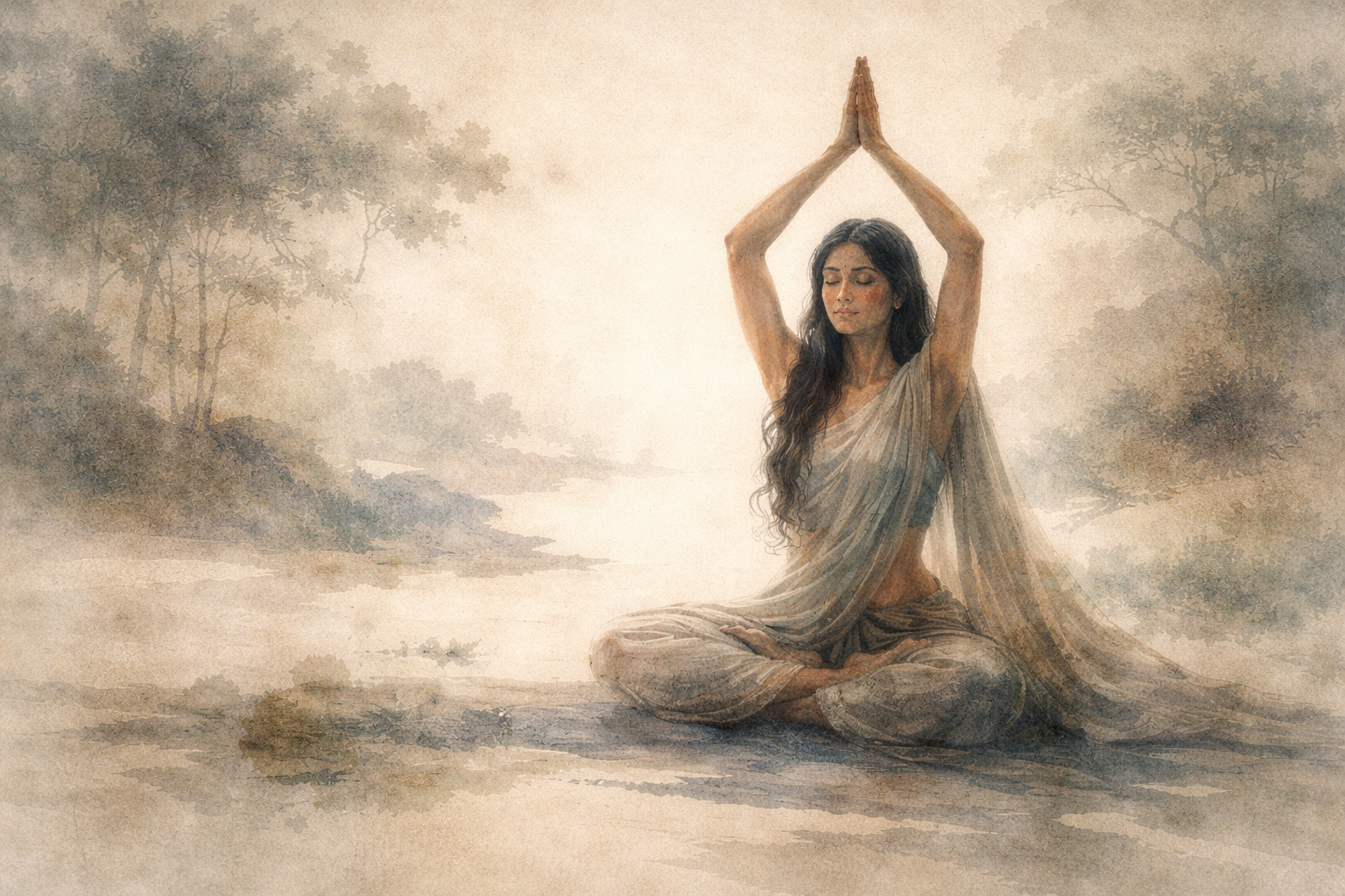 Solitary figure meditating with hands raised in a soft ink-style landscape, symbolizing loneliness, inner stillness, and the search for connection in Buddhist reflection