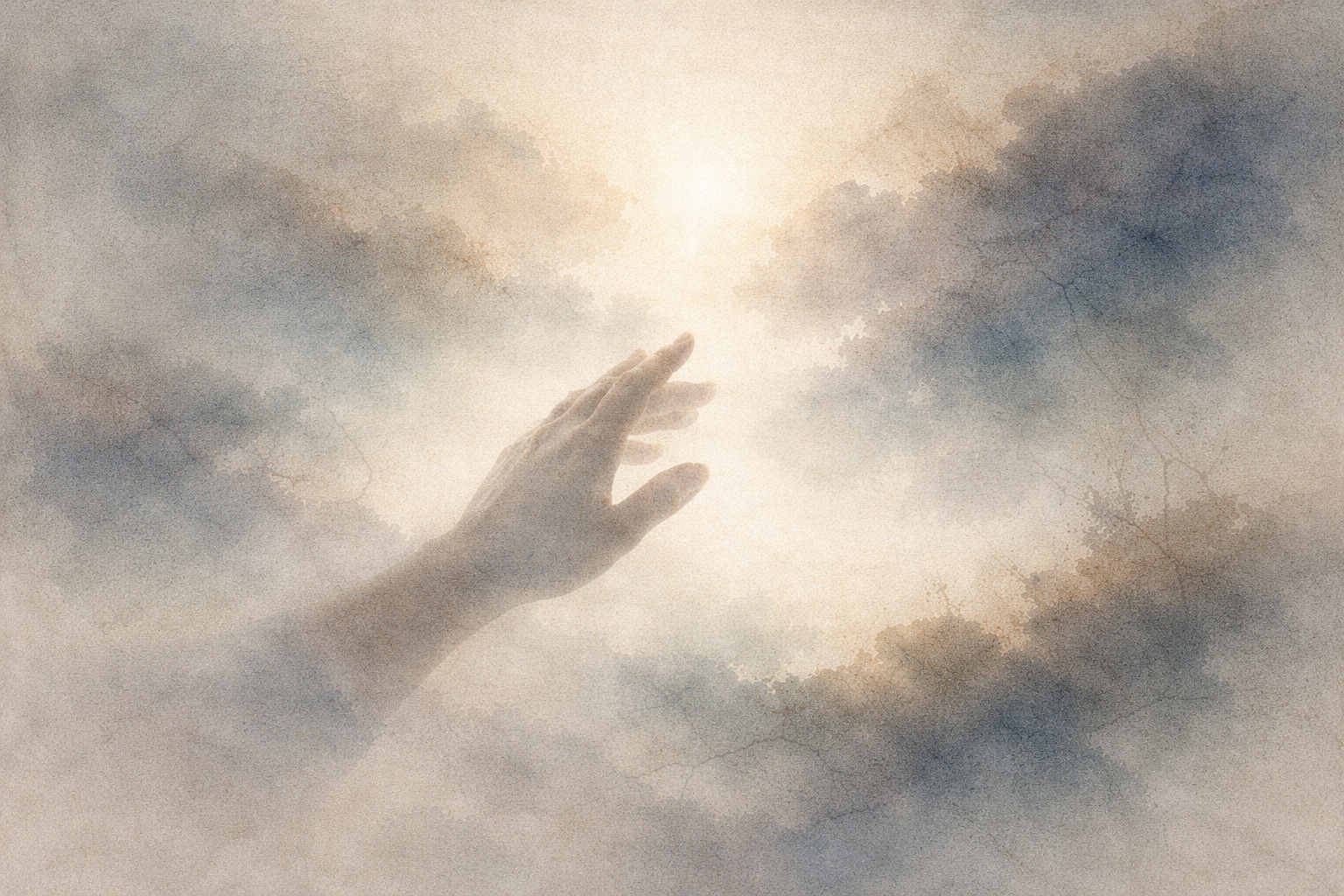 A hand reaching through soft mist toward light in an ink-style composition, symbolizing the fear of losing control and the human longing for certainty in Buddhist reflection