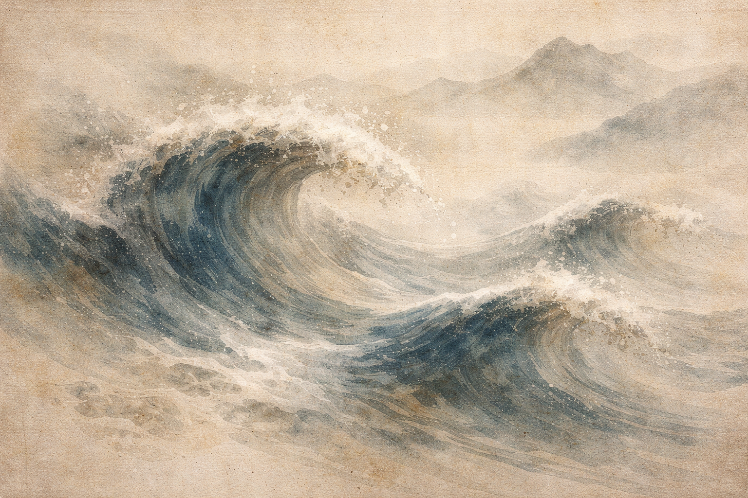 Powerful ocean waves rising and crashing in an ink-style landscape, symbolizing how pride amplifies conflict and intensifies emotional turbulence in Buddhist reflection