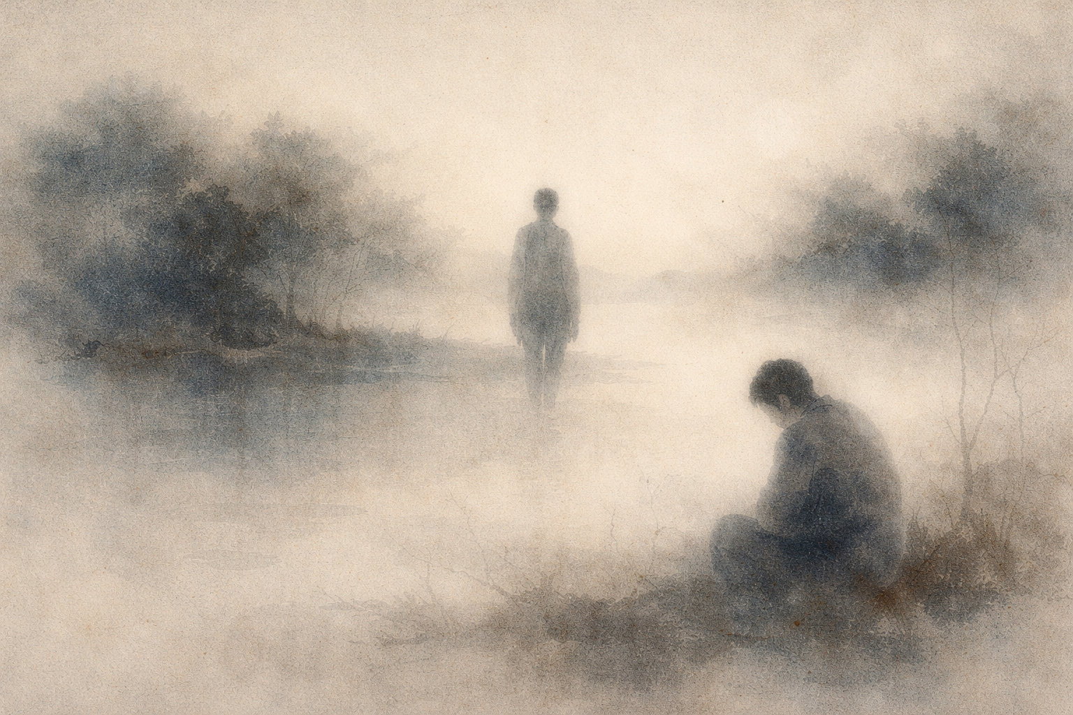 Lonely figure sitting in a misty landscape as another person fades away in the distance, symbolizing rejection, separation, and emotional suffering in Buddhist reflection