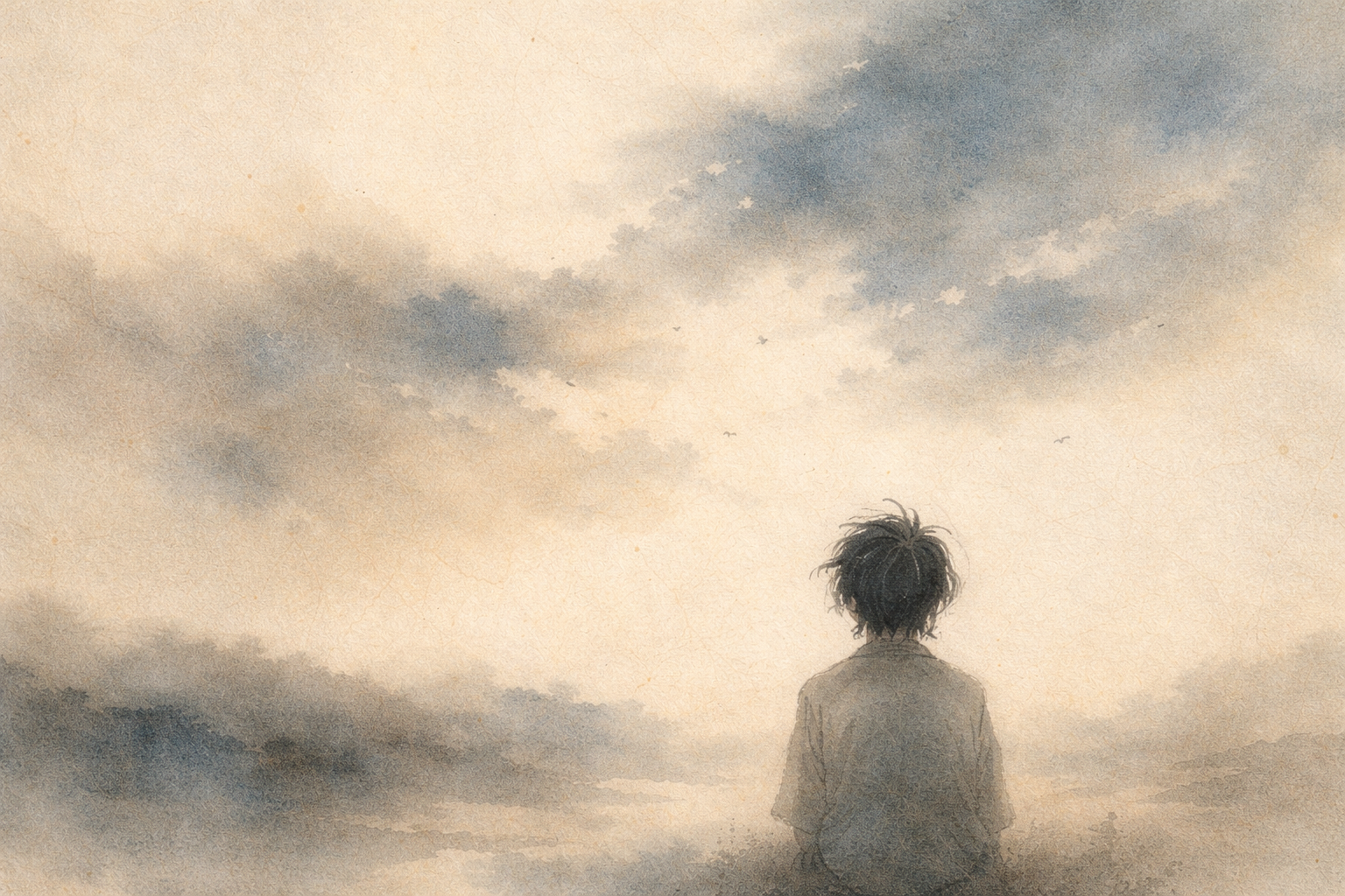 淡い水墨画風の風景の中で広がる霧の地平線を見つめる一人の人物。不確実さによる不安と、明確さを求める心を仏教的に象徴している