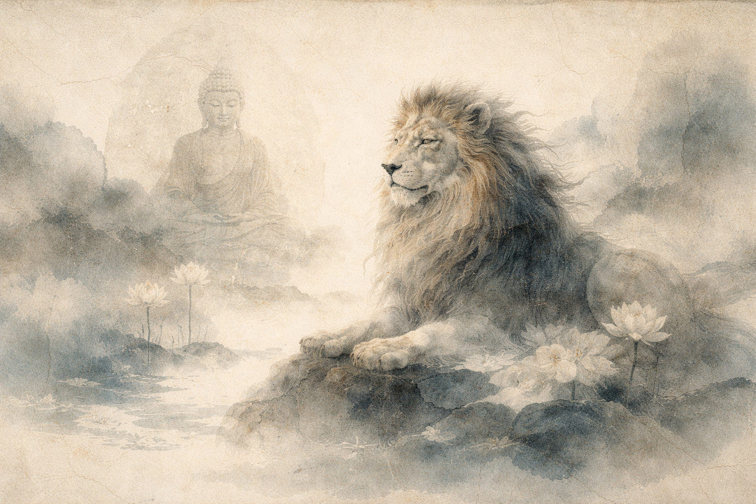A calm lion resting in a misty ink-style landscape with a faint Buddha figure behind, symbolizing inner strength and the mind’s tendency to create many worries in Buddhist teaching