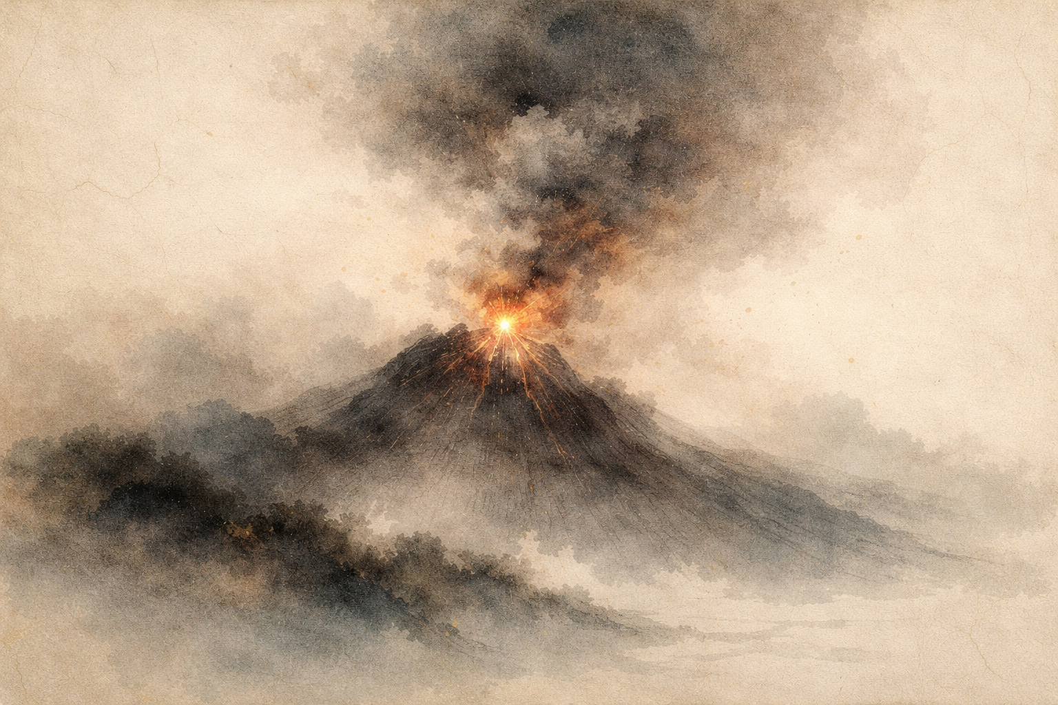 霧に包まれた水墨画風の風景の中で噴火する火山。問題を探し続けてしまう心や不安が強まる様子を仏教的に象徴している