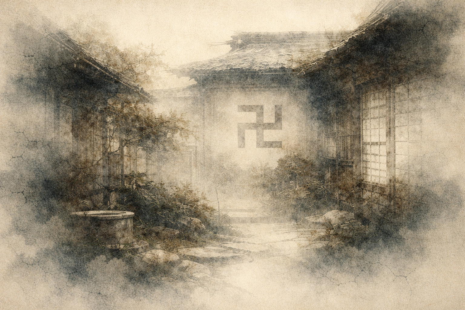 A quiet traditional courtyard in a misty ink-style illustration with an ancient Buddhist manji symbol, representing the mind’s resistance to change and attachment to familiarity in Buddhist reflection