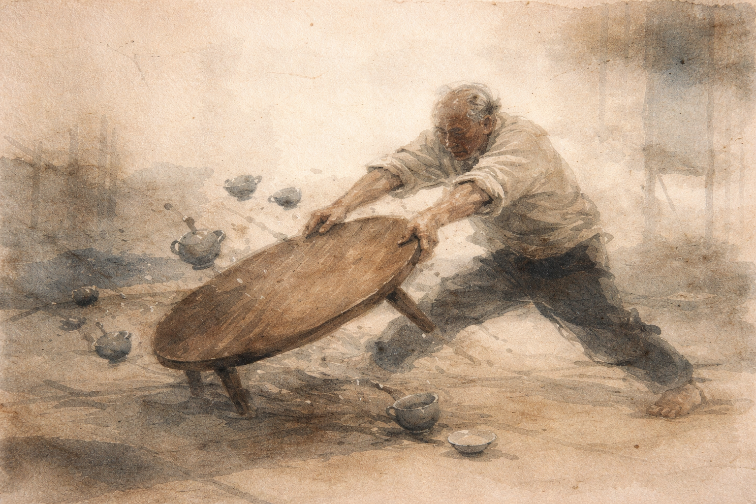 Person struggling to steady an overturned table as objects scatter, symbolizing how emotional overload disrupts balance and creates inner turbulence in the mind.