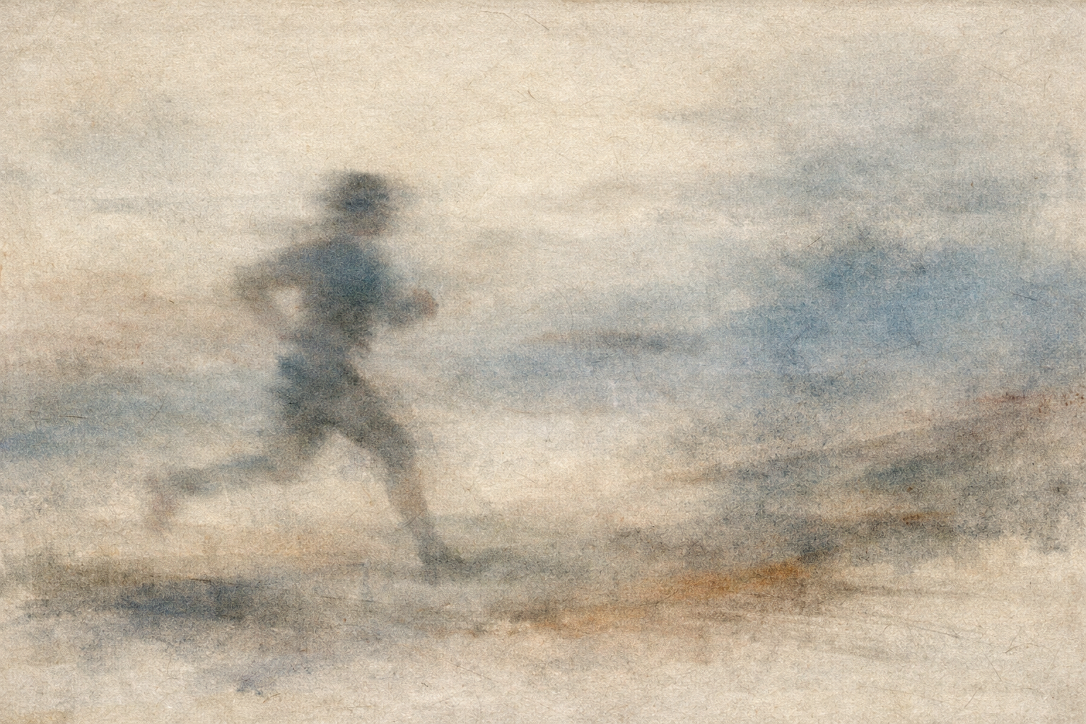 Blurred silhouette of a person running through a muted landscape, symbolizing how fatigue clouds perception and makes experiences feel more personal and overwhelming.