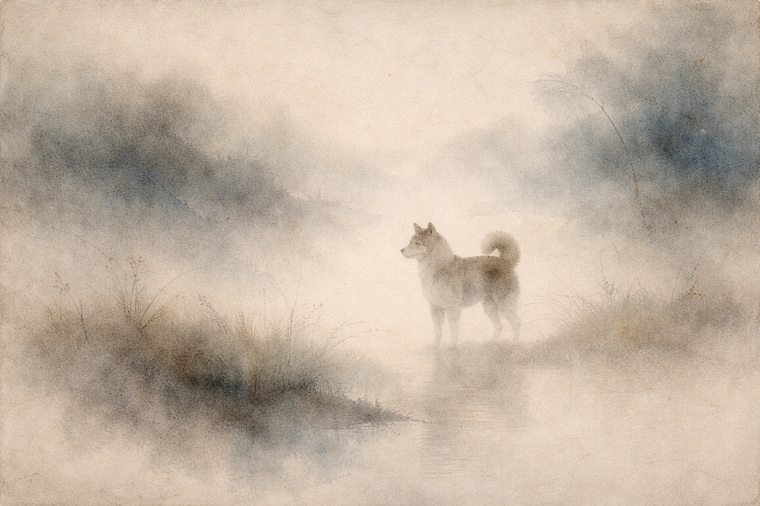A lone dog standing quietly in a misty landscape, symbolizing how even what appears independent is shaped by surrounding conditions, reflecting the Buddhist teaching that interdependence is a fundamental reality, not merely an abstract idea.