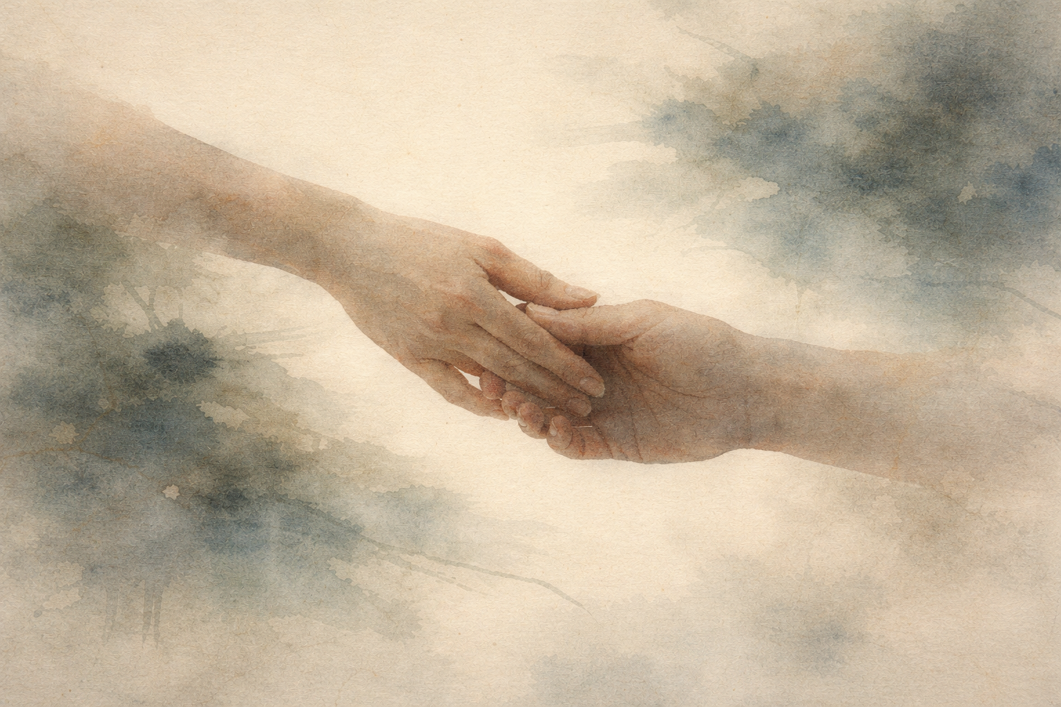 Two hands gently touching in a soft ink-style composition, symbolizing attachment, connection, and the difficulty of letting go in Buddhist thought