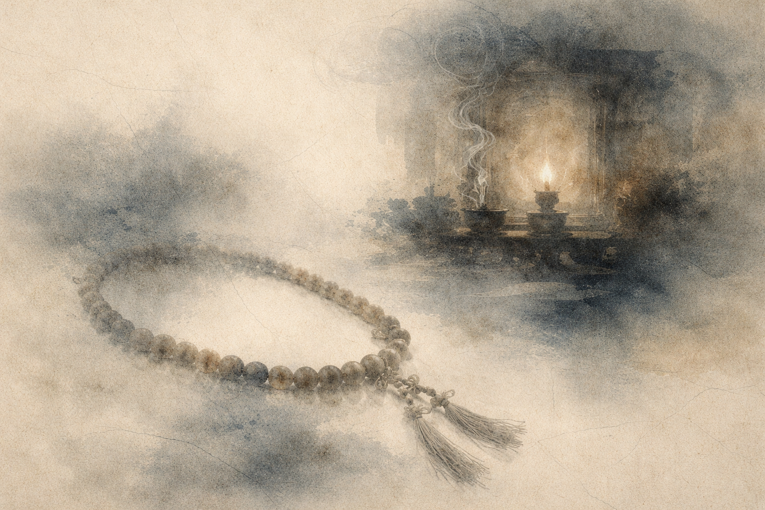 A strand of prayer beads resting near a softly glowing altar with incense smoke rising, symbolizing the importance of ritual, repetition, and embodied practice in Japanese Buddhism as a way to cultivate mindfulness and connection.