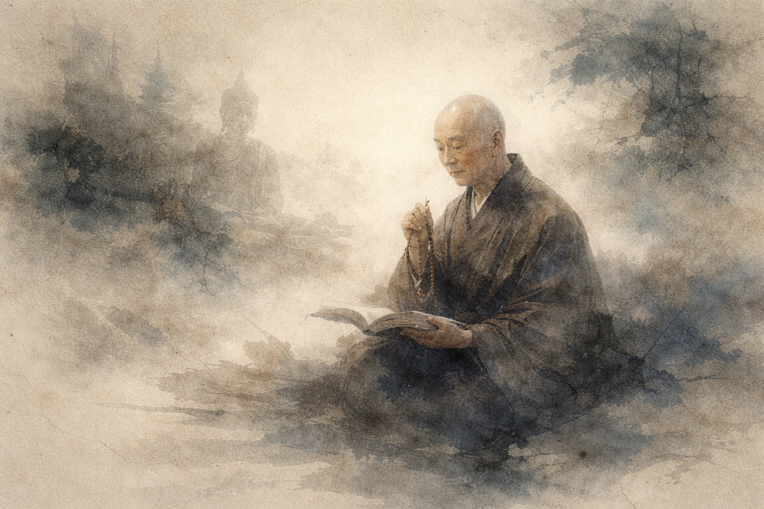 数珠を手に経典を読む僧侶と、背後の霧の中にほのかに現れる仏の姿。般若心経の読誦が智慧と空、そして直接的な体験を結びつける瞑想的実践であることを象徴している。