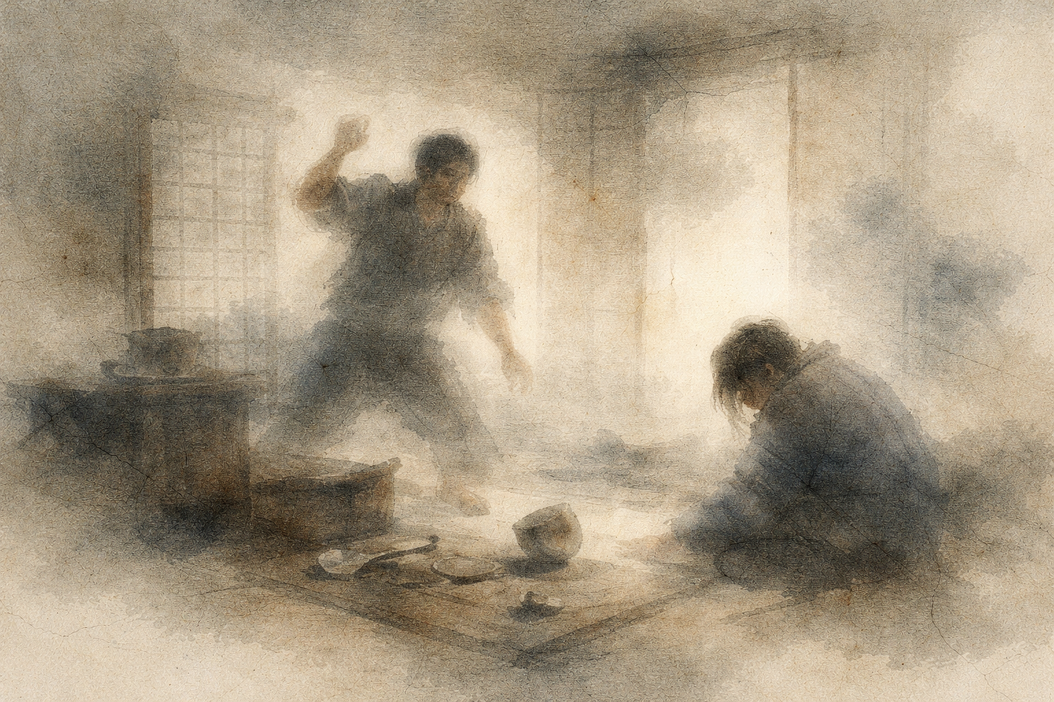 室内で一人が怒りをあらわに手を振り上げ、もう一人がうずくまる緊張した場面。嫉妬が生む苦しみと感情の衝突を象徴している。