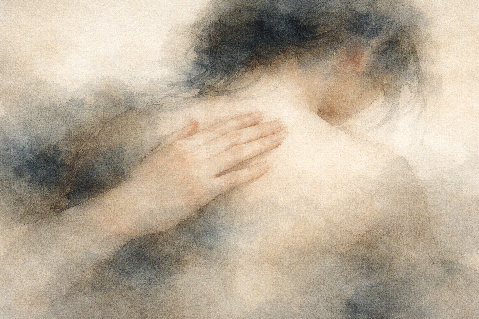 霧に包まれた静かな風景の中に、一人の人物が立っている。薄れていく記憶のような気配が漂い、喪失の重さと手放すことの難しさを表している。