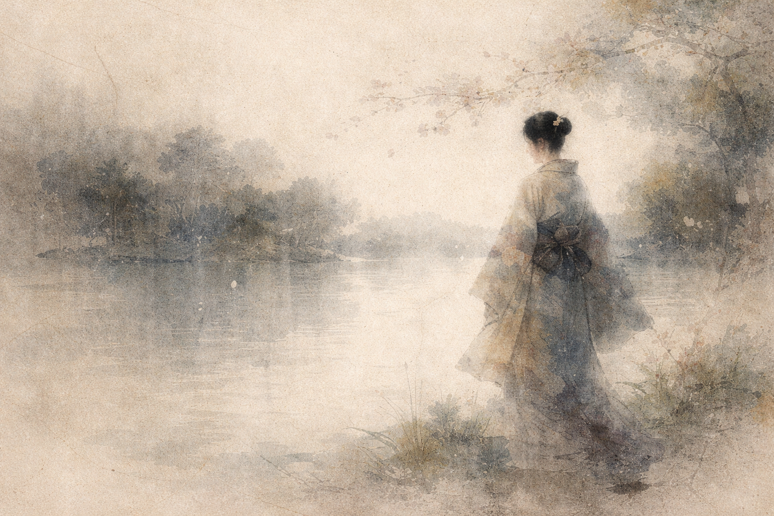 A solitary figure stands quietly by the water in a soft, mist-filled landscape—suggesting reflection, identity transformation, and the subtle shift in one’s sense of self after loss.