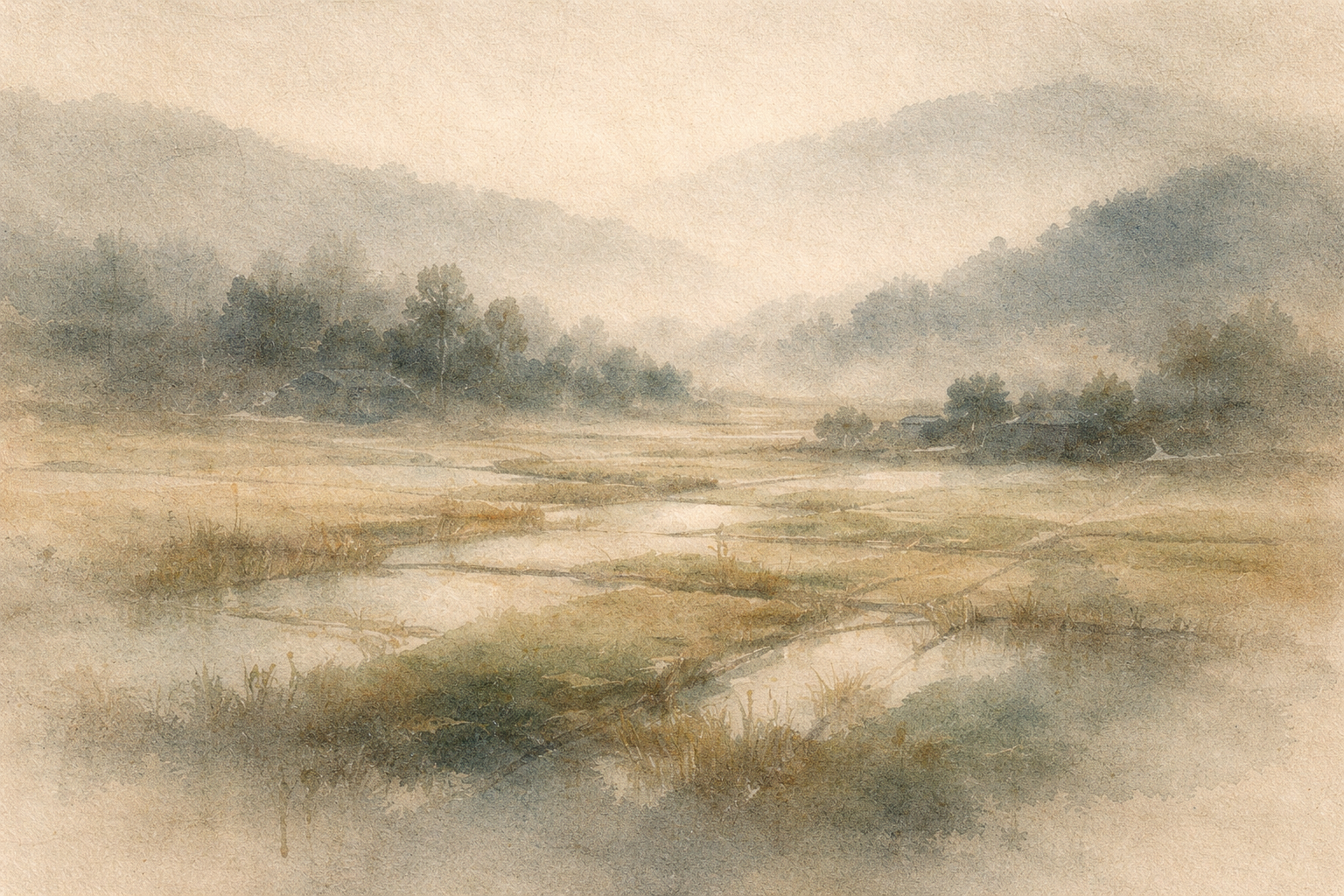 A quiet landscape of interconnected fields and water channels fading into mist, symbolizing how all things arise in relationship with one another, illustrating the Buddhist understanding that nothing exists independently.