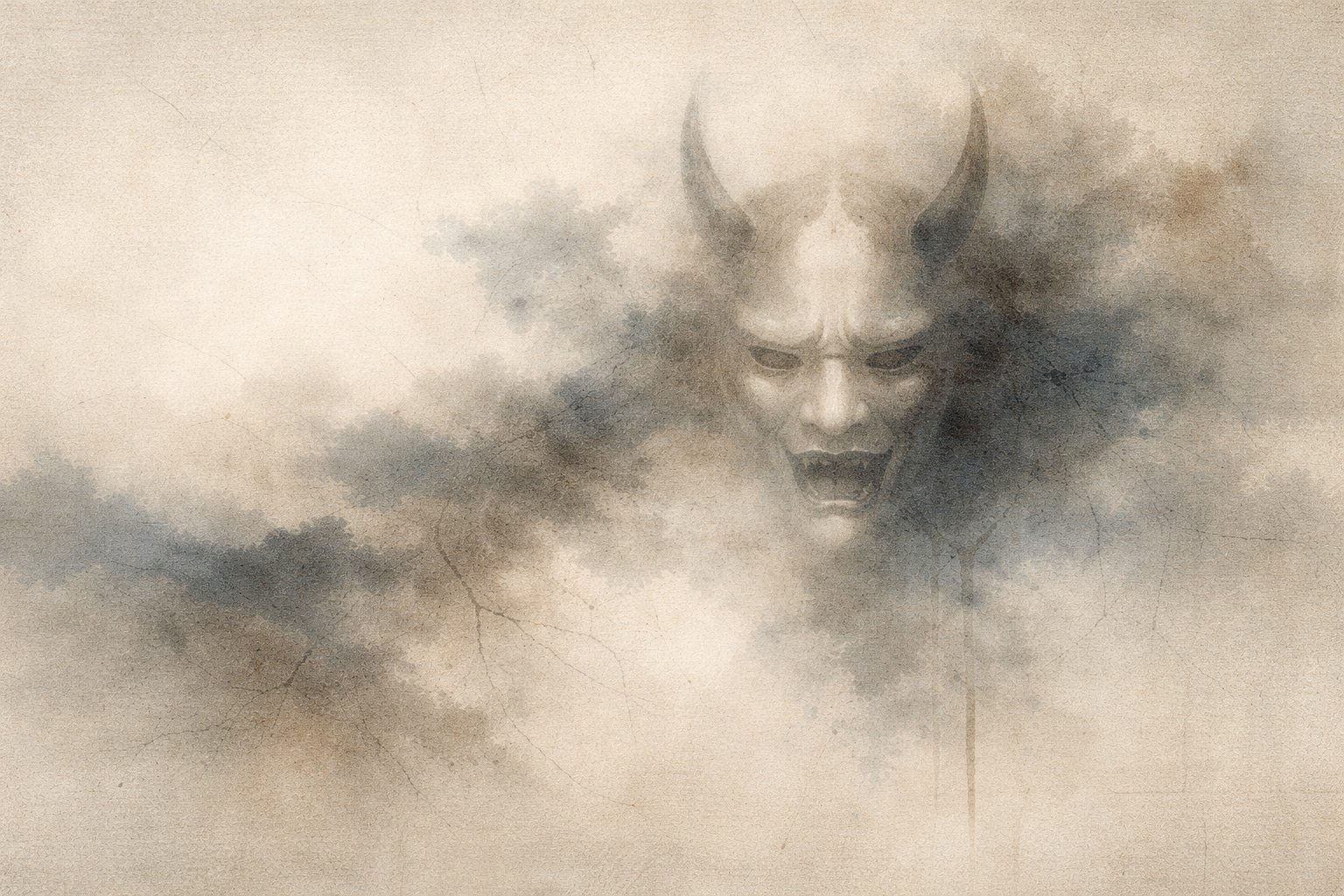 A shadowy demonic face emerging from swirling mist, symbolizing how sudden notifications can feel intrusive and overpowering, capturing attention instantly and disrupting mental calm.