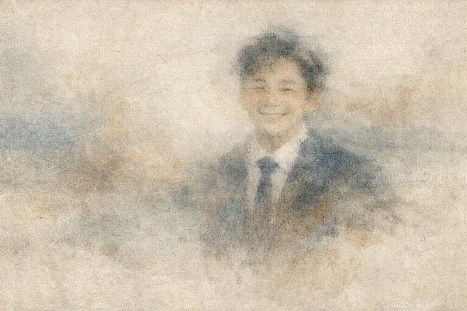 A softly blurred figure smiling in a suit, emerging from a hazy background—symbolizing how identity can be shaped and distorted by praise and external approval.