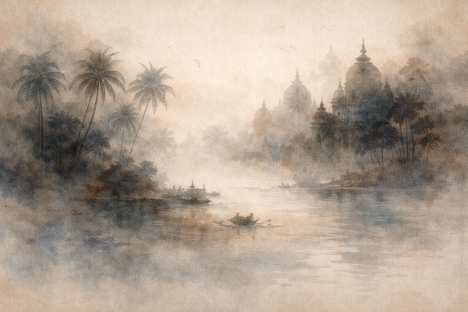 A soft watercolor-style landscape of a calm river with small boats drifting through mist, framed by palm trees and distant temple structures, symbolizing the gentle, repetitive flow of a mantra shaping the mind over time.